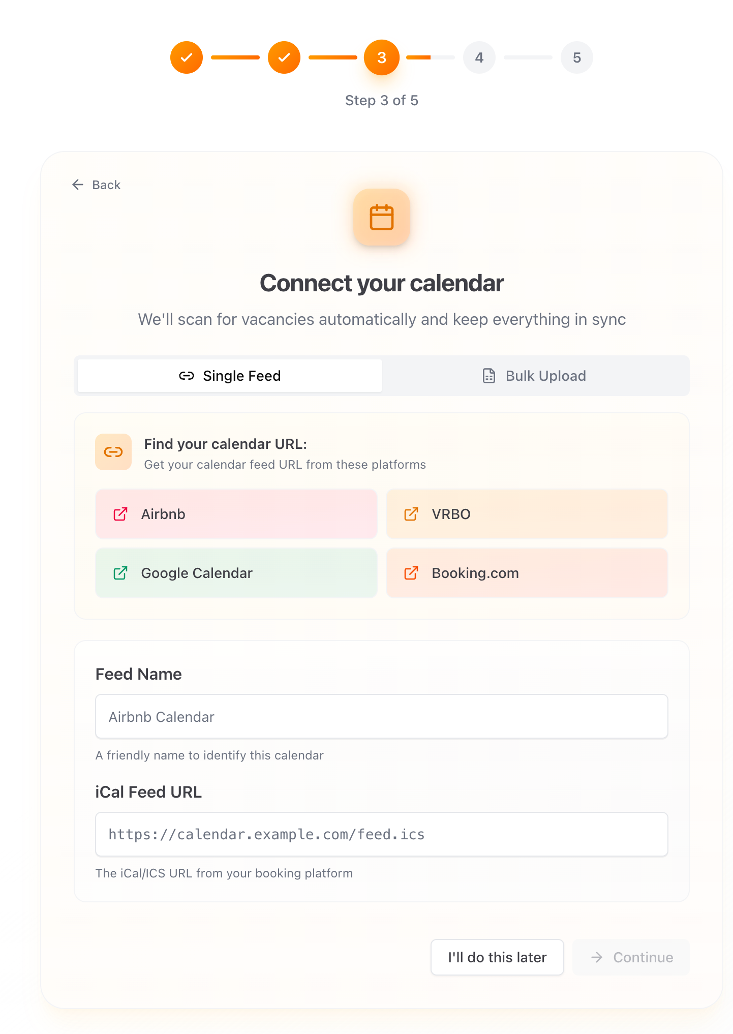 Calendar connection screen